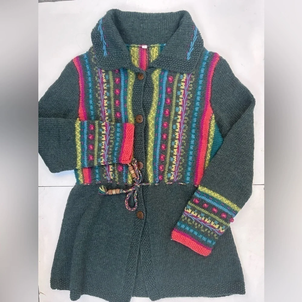 HANDMADE knit multicolour embroidery wool sweater - Picture 2 of 11